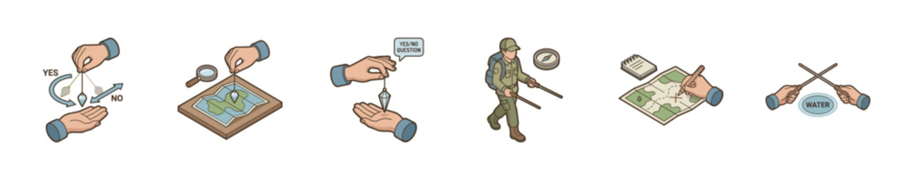Illustration of dowsing, map reading, and navigation techniques