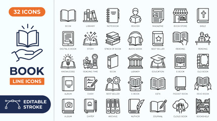 Fototapeta premium Book line editable icon set. Containing book, reading, library, author, journal, bookshelf, e-book and more. Editable stroke. Vector illustration