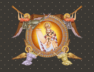 Naklejka premium Gregory of Nazianzus. Decorative vintage illustration with angels in Byzantine style