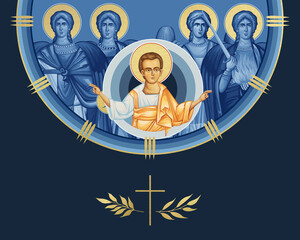 Naklejka premium Jesus Christ Lord and Savior and four cardinal points (Archangel Gabriel, Uriel, Raphael and Michael). Illustration in Byzantine style isolated