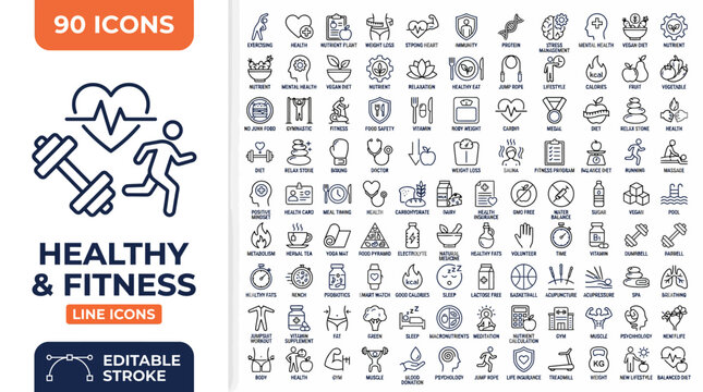 Healthy & Fitness line editable icon set. Contain icons related to Healty lifestyle, fitness, sport, nourishment, and more. Editable stroke. vector illustration