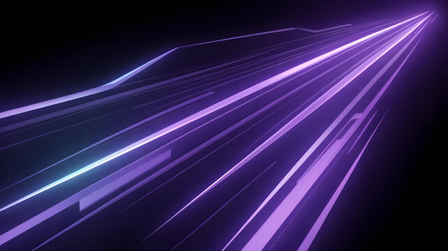 Abstract visualization of glowing neon purple light streaks moving rapidly through a dark digital hyperspace tunnel background design.