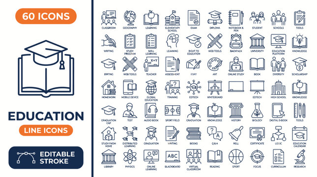 Education line editable icon set. Contain icons related to education, School, Learning, and more. Editable stroke. Vector illustration