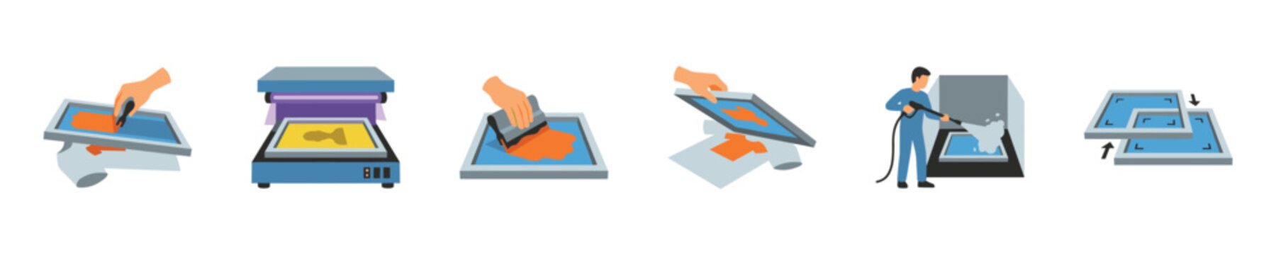 Screen printing process steps illustrated with icons and flat design elements