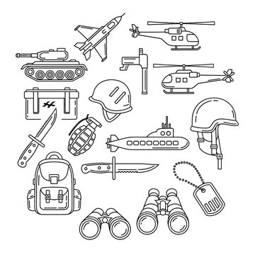 Military Equipment Collection: Line Art Icons