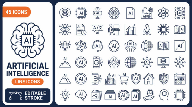 Artificial intelligence line editable icon set. Contain icons related to artificial intelligence, AI, and more. Editable stroke. Vector illustration