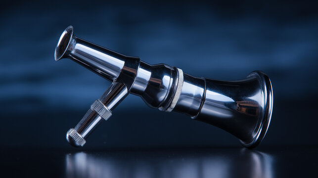 speculum. A classic medical otoscope with metal speculum reflecting clinical light on dark background. STEM education sheets.