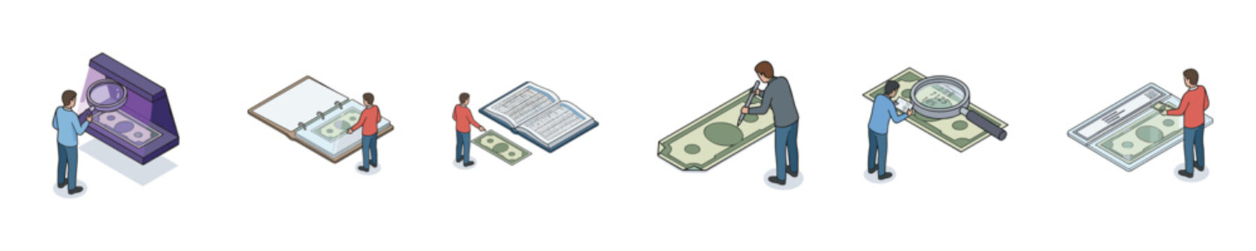 People examining banknotes and financial documents with magnifying glasses and tools