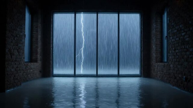 Dramatic Stormy Night View Through Large Frosted Glass Window With Lightning Strike Illuminating Heavy Rain and Flooded Brick Room Interior
