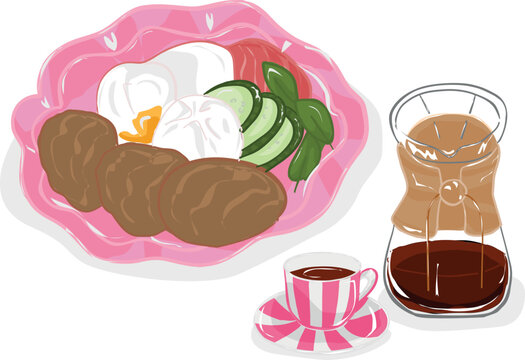 A sophisticated brunch scene featuring poached eggs with avocado and steak on a pink plate, paired with a glass coffee carafe (chemex) and a striped cup.