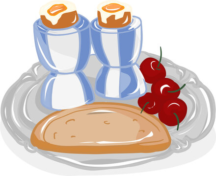A traditional European breakfast set with two soft-boiled eggs in blue cups, served on a silver tray with fresh cherries and a piece of toast.