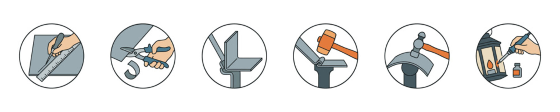 Illustrations depicting metalworking techniques and lantern repair process
