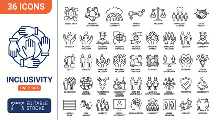 Naklejka premium Inclusivity line editable icon set. Editable stroke. Vector illustration