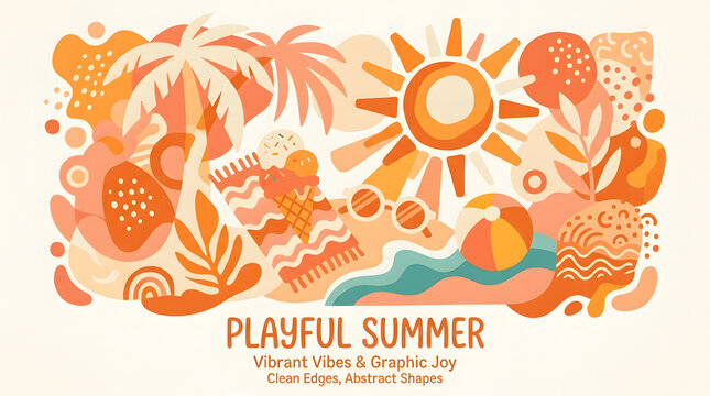 Playful summer horizontal banner illustration featuring sun palm trees and beach elements in warm aesthetic illustration vacation background strawberry tropical seasonal sunshine aesthetic