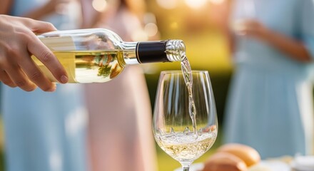 Fototapeta premium Pouring White Wine into Crystal Glass at Outdoor Summer Party with Friends and Golden Sunlight
