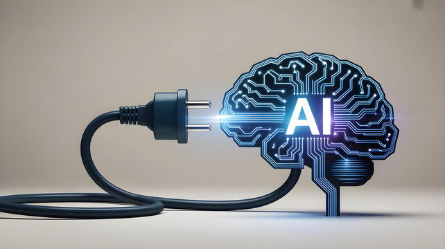 Conceptual depiction of artificial intelligence technology being powered on through an electrical plug connecting to a glowing circuit brain graphic