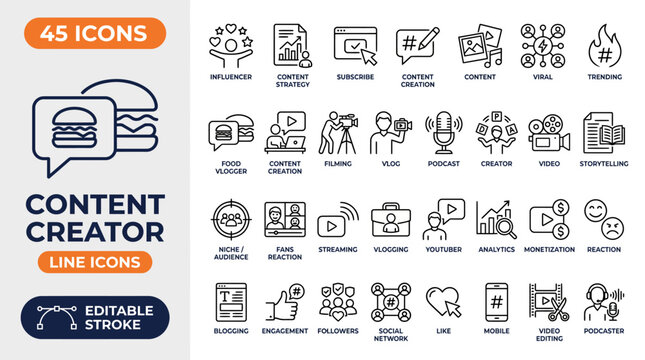Content creator line editable icon set. featuring icons of various media, content, podcast, blogger, live streaming, social network, and more. Editable stroke. Vector illustration	