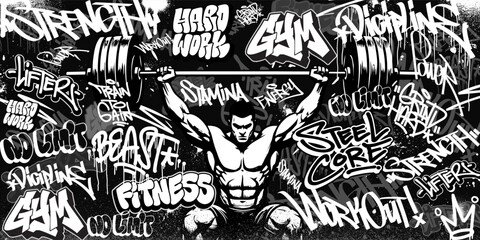 Gym workout background in a graffiti style. Vector graffiti wall art background gym fitness   © Themeaseven