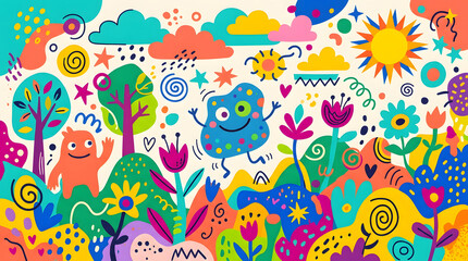 Fototapeta premium Cartoon landscape with whimsical smiling monsters flowers trees suns in a cheerful world landscape whimsical colorful monsters cheerful imaginative creatures patterns abstract children