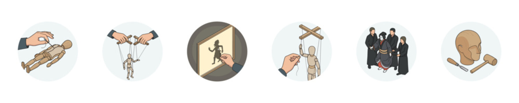 Diverse puppetry and sculpting techniques illustrated in a series of circular icons