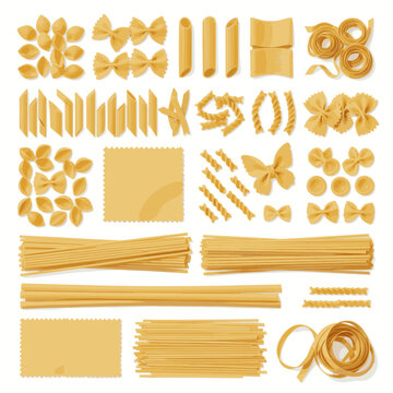 Assorted Pasta Varieties Arranged Neatly on White Background