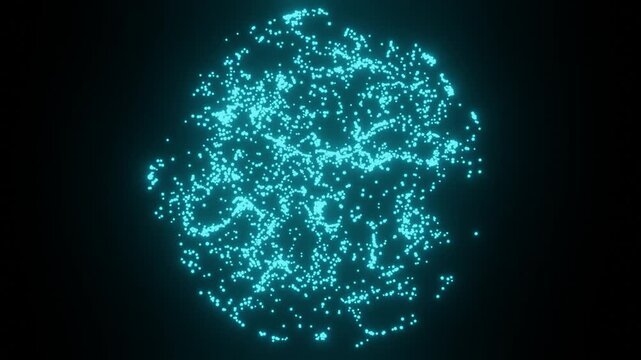 blue glowing particles forming digital sphere animation.   
particle sphere formation abstract data globe motion graphics.   
turbulent dot globe 3d particles on black background.  