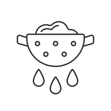Drain food linear icon. Rinsing pasta from water. Product in colander with pouring grease. Thin line customizable illustration. Contour symbol. Vector isolated outline drawing. Editable stroke