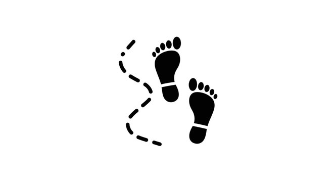 Black human footprints and dashed line path icon