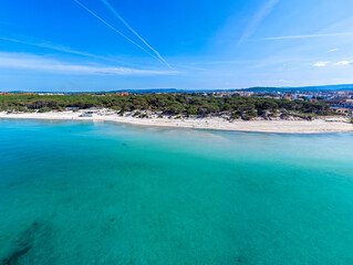 Fototapeta premium Aerial view from the sea of Maria Pia beach coastline under a blue sky
