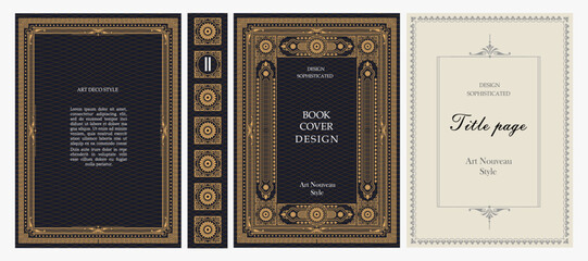 Obraz premium Classic vintage book cover, title page, spine design with Art Deco, Baroque, Art Nouveau and Victorian ornaments. Elegant decorative frame, retro style for publications, posters and artistic layouts.