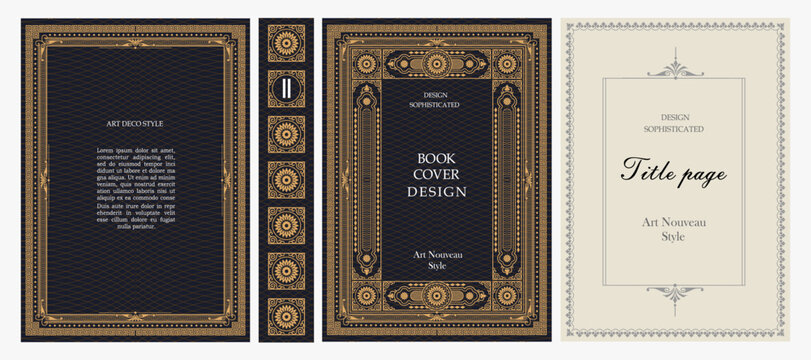 Classic vintage book cover, title page, spine design with Art Deco, Baroque, Art Nouveau and Victorian ornaments. Elegant decorative frame, retro style for publications, posters and artistic layouts.