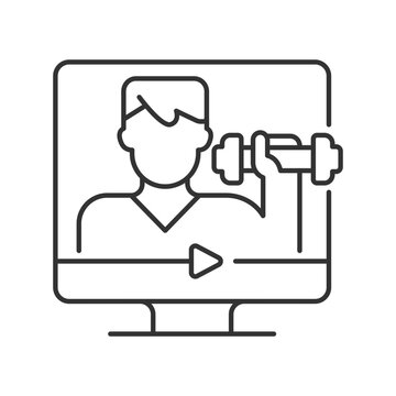 Online fitness coach linear icon. Professional virtual support. Health increasement program. Thin line customizable illustration. Contour symbol. Vector isolated outline drawing. Editable stroke