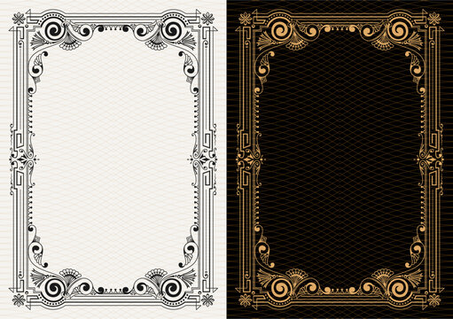 Luxury frame invitation card background vector. Elegant classic antique design, gold lines t, sparkle on black background. Premium design illustration for gala card, grand opening, art deco, magazine.