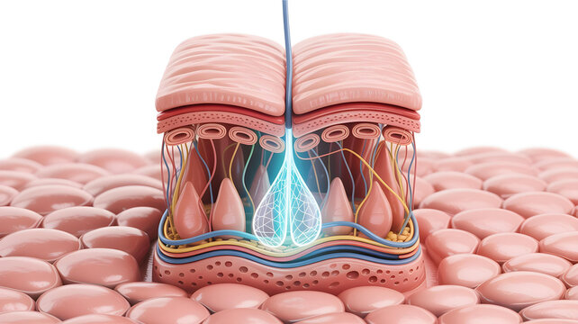 Cross section illustration showcasing the microscopic structure of a taste bud and sensory nerve reception within human tongue tissue layers