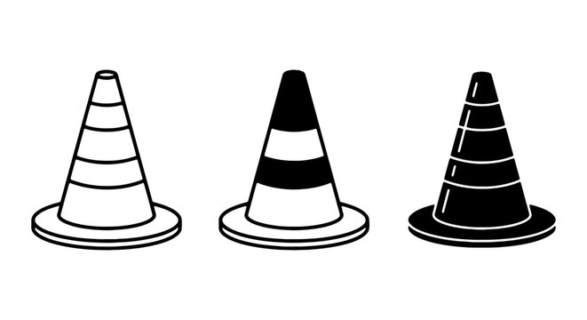 Traffic Cones Set, Safety Warning Symbols, Construction Site Markers, Vector Icons