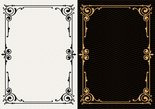 Luxury frame invitation card background vector. Elegant classic antique design, gold lines t, sparkle on black background. Premium design illustration for gala card, grand opening, art deco, magazine.
