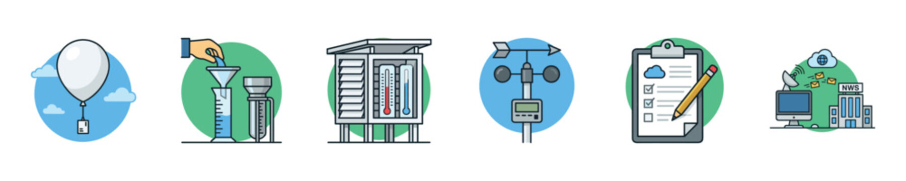 Collection of weather forecasting and meteorological instruments icons