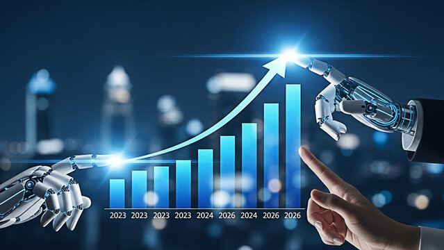Robotic and human hands working together to push a blue bar chart toward future growth