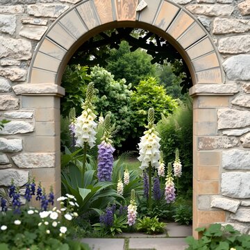 Frame Within Stone Archway Revealing Overgrown English Cottage Garden Foxgloves