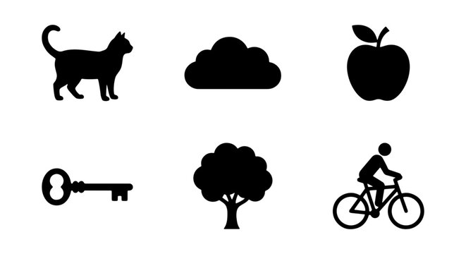 Simple Black Icons: Cat, Cloud, Apple, Key, Tree, Cyclist. Clean Vector Symbols for Design.