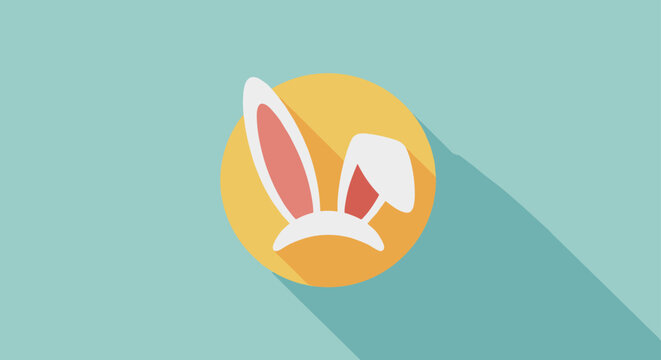 Modern flat bunny ears icon within a yellow circle featuring a long shadow on a light turquoise background.