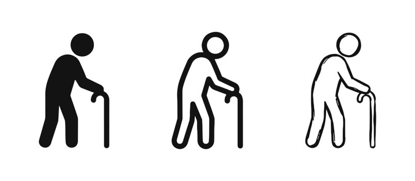 Elderly Person with Walking Stick Icons Set, Aging and Healthcare Symbols