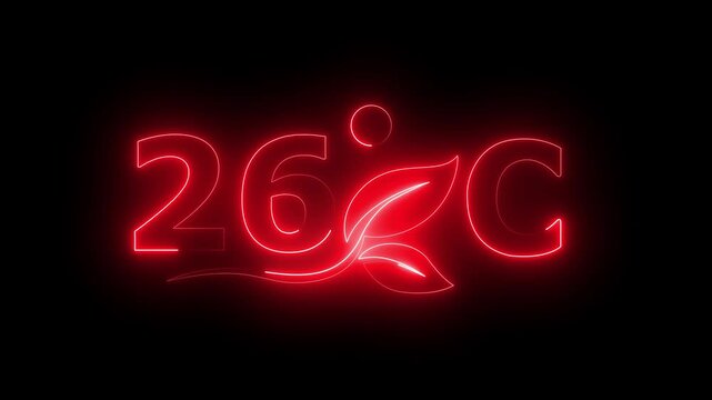 Glowing neon 26 Degree Celsius Energy Concept Animation with Growing Leaves, Ecology and Temperature Measurement Icon on Dark Background.