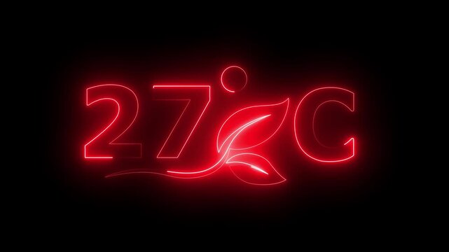Glowing neon 27 Degree Celsius Energy Concept Animation with Growing Leaves, Ecology and Temperature Measurement Icon on Dark Background.