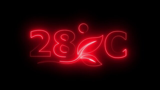 Glowing neon 28 Degree Celsius Energy Concept Animation with Growing Leaves, Ecology and Temperature Measurement Icon on Dark Background.