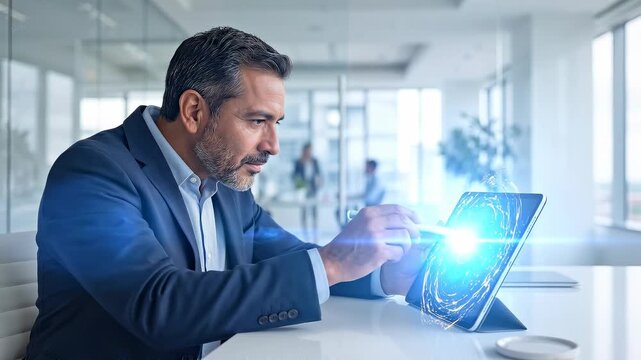 A focused executive intently uses the holographic interface on a digital tablet in a modern office, symbolizing innovation and technological advancement.