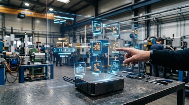 A person interacting with a holographic augmented reality interface in a modern factory setting, showcasing industrial digitalization and smart manufacturing.