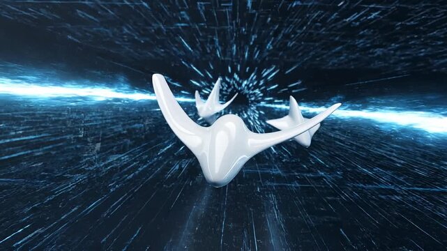 A futuristic art installation floats serenely within a digital realm, capturing the essence of advanced technology and abstract aesthetics.