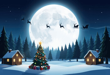 Naklejka premium Santa Sleigh Flying over Snowy Village under Full Moon