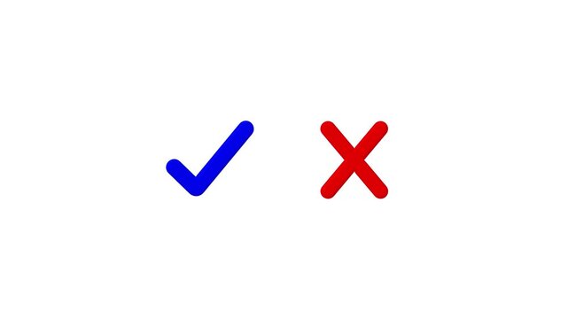 Blue Check Mark and Red Cross Symbols on White Background Keywords: check mark, tick, cross, x, symbol, icon, blue, red, white, background, comparison, choice, decision, correct, incorrect, yes